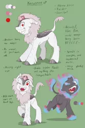 Size: 1058x1592 | Tagged: albino, artist:ravenpuff, broken horn, derpibooru import, fallout equestria, fangs, floppy ears, green background, grin, horn, kirin, looking at you, male, nirik, oc, oc:kerosene, one eye closed, open mouth, profile, pyromaniac, raised hoof, raised leg, reference sheet, running, safe, sharp teeth, simple background, smiling, solo, squee, teeth, torn ear, wide eyes, wink