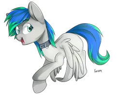 Size: 866x683 | Tagged: safe, artist:fantom, derpibooru import, oc, oc:henry, unofficial characters only, pegasus, pony, collar, cute, eyebrows visible through hair, fangs, female, looking at you, mare, open mouth, rule 63, signature, simple background, smiling, solo, spread wings, transparent background, wings