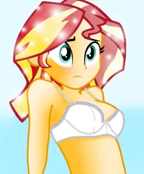 Size: 1080x1303 | Tagged: suggestive, derpibooru import, edit, vector edit, sunset shimmer, equestria girls, bikini, bikini top, blushing, bra, breasts, clothes, sexy, swimsuit, underwear, vector, white bra, white underwear