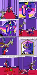 Size: 1600x3200 | Tagged: safe, artist:eternaljonathan, author:bigonionbean, derpibooru import, discord, oc, oc:prince hunk, oc:princess universe, alicorn, draconequus, pony, comic:super party fusion, alicorn oc, alicorn princess, butt, canterlot, canterlot castle, comic, commissioner:bigonionbean, cutie mark, dat ass was fat, dialogue, female, floating, fusion, fusion:prince hunk, fusion:princess universe, horn, jewelry, jiggling, large butt, male, mare, plot, reading, regalia, squee, squeezing, stallion, stretching, teasing, thicc ass, trotting, wide hips, wings