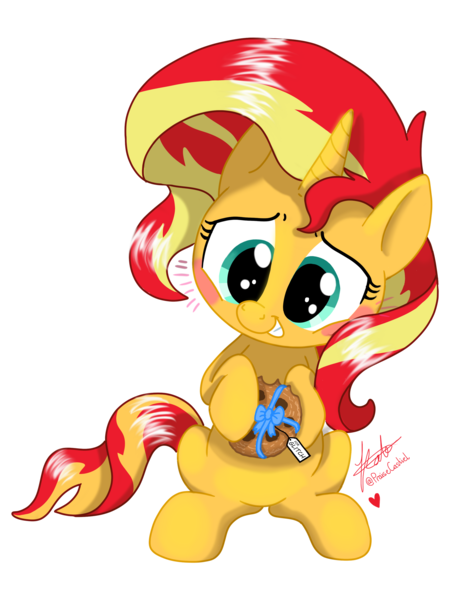 Size: 1920x2562 | Tagged: safe, artist:praisecastiel, derpibooru import, sunset shimmer, pony, unicorn, blushing, bow, cookie, cute, female, filly, food, heart, label, ribbon, shimmerbetes, signature, simple background, solo, transparent background, vector, younger