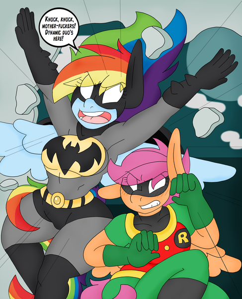 Size: 1672x2059 | Tagged: anthro, artist:blackbewhite2k7, batman, breasts, clothes, costume, crossover, derpibooru import, dynamic entry, parody, rainbow dash, robin, scootaloo, suggestive, superhero, vulgar