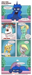 Size: 1683x3878 | Tagged: safe, artist:saturdaymorningproj, derpibooru import, bulk biceps, derpy hooves, grand pear, princess luna, zephyr breeze, alicorn, earth pony, pegasus, comic, speech bubble, speed dating