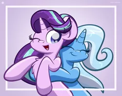 Size: 3250x2560 | Tagged: safe, artist:kimjoman, derpibooru import, starlight glimmer, trixie, pony, unicorn, chest fluff, commission, eyes closed, female, happy, hug, lesbian, mare, one eye closed, shipping, simple background, smiling, startrix