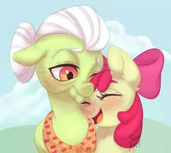 Size: 2232x2000 | Tagged: safe, artist:sannykat, derpibooru import, apple bloom, granny smith, earth pony, pony, adorabloom, blushing, cute, duo, eyes closed, female, filly, grandmother and grandchild, grandmother and granddaughter, high res, mare, one eye closed, snuggling