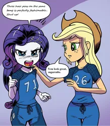 Size: 1068x1224 | Tagged: safe, artist:pencils, derpibooru import, edit, idw, applejack, rarity, equestria girls, spoiler:comic, spoiler:comicequestriagirlsmarchradness, angry, clothes, duo, hand on shoulder, shouting rarity