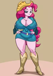 Size: 2481x3506 | Tagged: suggestive, artist:art-2u, derpibooru import, pinkie pie, dance magic, equestria girls, equestria girls series, five to nine, friendship games, spoiler:eqg specials, bedroom eyes, big breasts, boots, breasts, busty pinkie pie, cleavage, clothes, commission, commissioner:imperfectxiii, cowboy boots, cowboy hat, cowgirl outfit, curvy, disproportional anatomy, farmer pinkie, female, hand on hip, hat, hourglass figure, huge breasts, legs, looking at you, pinkie thighs, shoes, simple background, smiling, solo, solo female, thick, thighs, thunder thighs, wasp waist, wide hips