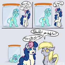 Size: 4000x4000 | Tagged: safe, artist:witchtaunter, derpibooru import, bon bon, derpy hooves, lyra heartstrings, sweetie drops, earth pony, pegasus, pony, unicorn, asphyxiation, comic, female, jar, l.u.l.s., lewd container meme, mare, no pupils, pony in a bottle, suffocating, this will end in death, worried