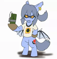 Size: 1979x2048 | Tagged: safe, artist:omegapony16, derpibooru import, oc, oc:oriponi, bat pony, pony, bat pony oc, bat wings, bipedal, c4, clothes, cosplay, costume, ear piercing, earring, fangs, female, glasses, gloves, hoof hold, jewelry, mare, piercing, serious sam, shirt, solo, spread wings, t-shirt, wings