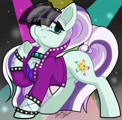 Size: 2256x2217 | Tagged: safe, artist:gleamydreams, derpibooru import, coloratura, earth pony, pony, bracelet, choker, clothes, countess coloratura, eyeshadow, jacket, jewelry, looking at you, makeup, necklace, ponytail, smiling, solo, veil