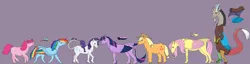 Size: 2500x643 | Tagged: safe, artist:chikajin, derpibooru import, applejack, discord, fluttershy, pinkie pie, rainbow dash, rarity, twilight sparkle, twilight sparkle (alicorn), alicorn, classical unicorn, pony, unicorn, cloven hooves, colored wings, colored wingtips, hoers, leonine tail, mane six, multicolored wings, purple background, rainbow wings, realistic, simple background, tail feathers, unshorn fetlocks, wings