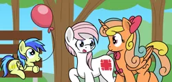 Size: 2256x1080 | Tagged: safe, artist:dinkyuniverse, derpibooru import, lemon scratch, nurse redheart, oc, oc:blooming star, alicorn, earth pony, pony, balloon, bench, bow, bush, cutie mark, female, filly, foal, happy, mare, nurse, park, red balloon, ribbon, talking, tree, trotting