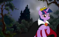 Size: 1280x809 | Tagged: alicorn, angry, artist:disneymarvel96, artist:estories, brooch, cape, castle, clothes, crown, derpibooru import, disney, edit, evil queen, female, jewelry, moon, night, red eyes, regalia, safe, snow white and the seven dwarfs, solo, twilight sparkle, twilight sparkle (alicorn), vector, vector edit