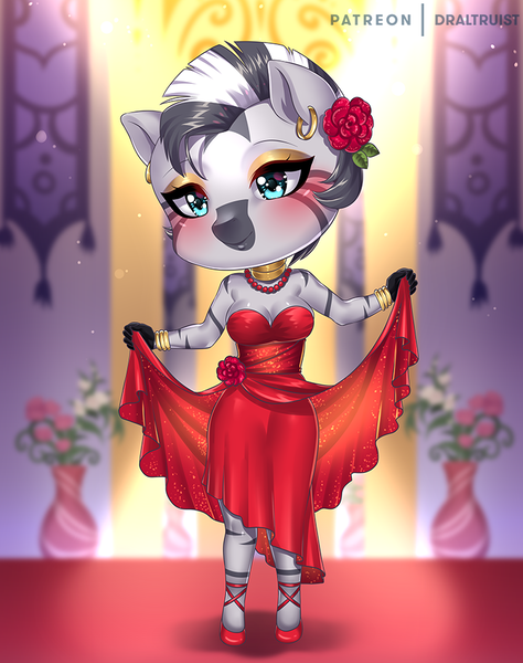 Size: 750x950 | Tagged: anthro, artist:draltruist, big head, blushing, breasts, busty zecora, chibi, cleavage, clothes, commission, cute, derpibooru import, dress, female, flower, flower in hair, mare, red dress, safe, shoes, unguligrade anthro, zebra, zecora, zecorable