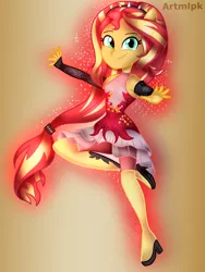Size: 1536x2048 | Tagged: safe, artist:artmlpk, derpibooru import, sunset shimmer, equestria girls, equestria girls series, forgotten friendship, action pose, adorable face, beautiful, boots, clothes, cute, dress, grin, hero, looking at you, outfit, ponied up, pose, shimmerbetes, shoes, smiling, smiling at you, solo, super ponied up, superhero, thigh boots, woman