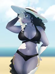 Size: 2447x3300 | Tagged: suggestive, artist:askbubblelee, derpibooru import, oc, oc:starling quartz, unofficial characters only, anthro, unicorn, anthro oc, beach, belly button, bikini, both cutie marks, breasts, clothes, curved horn, digital art, female, hat, horn, milf, solo, solo female, sun hat, swimsuit