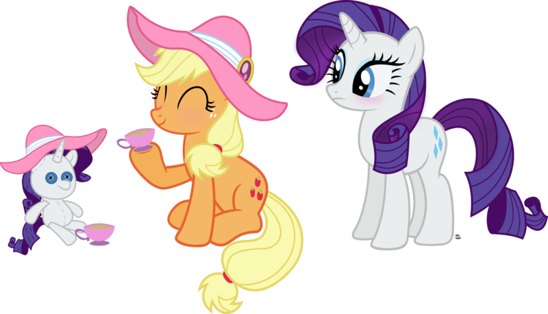 Size: 4488x2567 | Tagged: safe, artist:anime-equestria, derpibooru import, applejack, rarity, earth pony, pony, unicorn, blushing, cup, cute, duo, female, food, happy, hat, jackabetes, lesbian, plushie, raribetes, rarijack, rarity plushie, shipping, simple background, smiling, tea, tea party, teacup, transparent background, vector