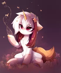 Size: 3999x4798 | Tagged: safe, artist:magnaluna, derpibooru import, oc, oc:ayaka, unofficial characters only, firefly (insect), insect, pony, unicorn, bandaid, cheek fluff, chest fluff, colored hooves, cute, ear fluff, frog (hoof), leg fluff, ocbetes, sitting, solo, stars, underhoof