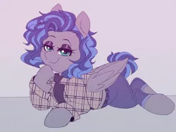 Size: 1146x861 | Tagged: safe, artist:littlebibbo, derpibooru import, oc, oc:bibbo, unofficial characters only, pegasus, pony, 80s, clothes, female, freckles, lidded eyes, looking at you, lying down, mare, pants, plaid shirt, raised hoof, shirt, smiling, solo, unmoving plaid