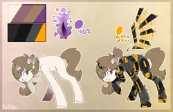Size: 2362x1534 | Tagged: safe, artist:lampiel, derpibooru import, oc, oc:solar shine (ice1517), unofficial characters only, pony, unicorn, armor, artificial wings, augmented, brown background, female, glowing horn, horn, mare, power armor, raised hoof, reference sheet, scar, simple background, solo, wings