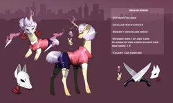 Size: 5000x3000 | Tagged: safe, artist:magenta, derpibooru import, oc, oc:miami edge, unofficial characters only, pony, unicorn, clothes, ear piercing, earring, female, flip phone, glowing horn, horn, jacket, jewelry, kitsune, knife, levitation, magic, mare, mask, phone, piercing, reference sheet, shirt, shorts, sleeveless, solo, t-shirt, telekinesis