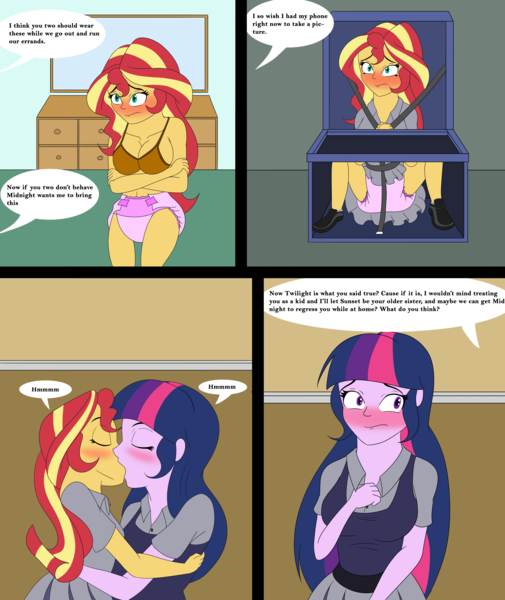 Size: 4500x5347 | Tagged: suggestive, artist:diaperednight, derpibooru import, sci-twi, sunset shimmer, twilight sparkle, comic:midnight's pet, equestria girls, abdl, age regression, blushing, bra, breasts, car seat, clothes, comic, crossed arms, cyoa, dialogue, diaper, diaper change, diaper fetish, eyes closed, female, fetish, kissing, lesbian, school uniform, scitwishimmer, shipping, skirt, story in the source, sunsetsparkle, underwear, upskirt