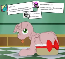 Size: 705x647 | Tagged: safe, artist:ravenpuff, deleted from derpibooru, derpibooru import, oc, oc:butters, oc:sir reginald butterscop pendragon iv jr., alicorn, pony, alicorn oc, ask, basket, butter, exotic butters, food, hairless, horn, pony in a basket, pun, sister location, tumblr, tumblr comic, wat, wings