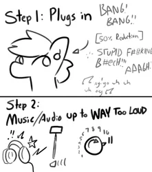 Size: 2250x2550 | Tagged: safe, artist:tjpones, derpibooru import, part of a set, oc, oc:tjpones, unofficial characters only, earth pony, pony, black and white, dialogue, grayscale, guide, headphones, male, monochrome, music notes, onomatopoeia, simple background, solo, stallion, vulgar, white background