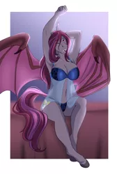 Size: 3274x4860 | Tagged: suggestive, artist:blackblood-queen, derpibooru import, oc, oc:magenta scroll, unofficial characters only, anthro, bat pony, unguligrade anthro, anthro oc, armpits, babydoll, bat pony oc, bat wings, bed, belly button, big breasts, breasts, clothes, commission, cutie mark, digital art, fangs, female, mare, morning, morning ponies, nightgown, one eye closed, open mouth, sitting, slit eyes, solo, solo female, stretching, waking up, wings, yawn