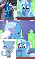 Size: 640x1080 | Tagged: safe, derpibooru import, edit, edited screencap, screencap, trixie, cat, pony, unicorn, all bottled up, blatant lies, comic, crossover, female, jewelpet, lapis (jewelpet), lapis lazuli (steven universe), magic, mare, mega poneo strikes again, meme, sanrio, screencap comic, sega, steven universe, transformation