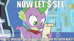 Size: 1161x652 | Tagged: canterlot, caption, derpibooru import, dragon, edit, edited screencap, editor:undeadponysoldier, friendship is magic, hub logo, image macro, implied shipping, list, listing, male, meme, paper, quill, safe, screencap, scroll, solo, spike, spike gets all the colts, spike gets all the entities, spike gets all the fillies, spike gets all the mares, spike gets all the stallions, straight, text, twilight's canterlot home, writing