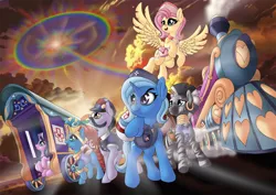 Size: 1414x1000 | Tagged: safe, artist:manifest harmony, derpibooru import, all aboard, fluttershy, meadowbrook, starlight glimmer, trixie, zecora, earth pony, pegasus, pony, unicorn, zebra, series:save the world, bag, coronavirus, covid-19, friendship express, healer's mask, heart eyes, heart nostrils, mask, saddle bag, sonic rainboom, train, trixie's wagon, wingding eyes