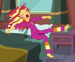 Size: 713x596 | Tagged: suggestive, artist:thedarkpony, derpibooru import, edit, edited screencap, screencap, sunset shimmer, eqg summertime shorts, equestria girls, monday blues, bedwetting, clothes, cropped, female, fetish, pajamas, pee edit, peeing in pants, pissing, sitting, solo, solo female, stretching, urine, watersports, wetting