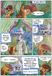 Size: 1450x2080 | Tagged: safe, artist:mysteriousshine, derpibooru import, earth pony, hippogriff, pony, comic:the children of the night, comic, dialogue, ethereal mane, female, forest, mare, starry mane, surprised, traditional art