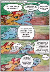 Size: 722x1040 | Tagged: safe, artist:mysteriousshine, derpibooru import, sunset shimmer, trixie, pony, unicorn, comic:the children of the night, comic, dialogue, eyes closed, female, mare, running, traditional art