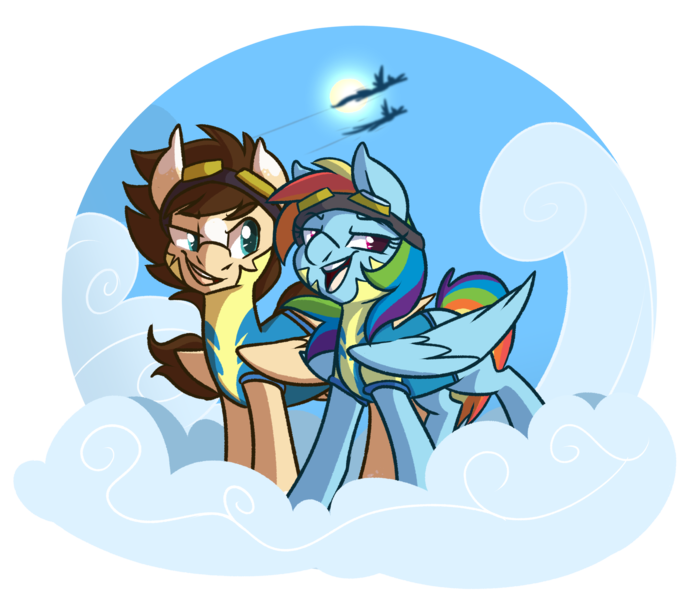 Size: 2556x2214 | Tagged: safe, artist:modularpon, deleted from derpibooru, derpibooru import, rainbow dash, oc, oc:skittle, pegasus, pony, canon x oc, clothes, cloud, commission, female, male, on a cloud, shipping, simple background, skidash, smiling, standing on cloud, straight, transparent background, uniform, wonderbolts uniform