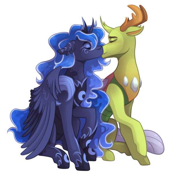 Size: 3500x3500 | Tagged: safe, artist:kikirdcz, derpibooru import, princess luna, thorax, alicorn, changedling, changeling, pony, eyes closed, female, high res, king thorax, kissing, male, mare, shipping, simple background, sitting, straight, thuna, transparent background