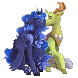 Size: 3500x3500 | Tagged: safe, artist:kikirdcz, derpibooru import, princess luna, thorax, alicorn, changedling, changeling, pony, eyes closed, female, high res, king thorax, kissing, male, mare, shipping, simple background, sitting, straight, thuna, transparent background