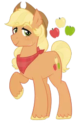 Size: 1355x1989 | Tagged: safe, artist:bubaiuv, deleted from derpibooru, derpibooru import, applejack, pony, alternate design, neckerchief, raised hoof, scar, simple background, solo, transparent background, unshorn fetlocks