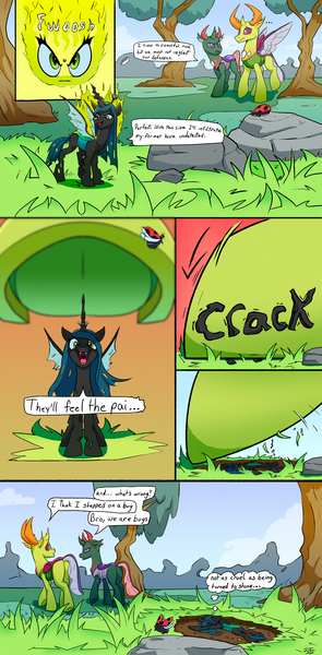 Size: 2000x4072 | Tagged: abuse, artist:tsitra360, changedling, changedling brothers, changeling, chrysabuse, comic, derpibooru import, dialogue, female, insect, king thorax, ladybug, male, micro, not so smart changeling, pharynx, prince pharynx, queen chrysalis, safe, scenery, size difference, speech bubble, stepped on, stepping on something, thorax, underhoof
