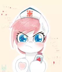 Size: 3000x3500 | Tagged: safe, artist:natu-na, derpibooru import, nurse redheart, earth pony, pony, angry, blushing, bust, colored pupils, coronavirus, covid-19, cute, dialogue, ear fluff, eyelashes, hand sanitizer, heart, heart hoof, looking at you, madorable, solo