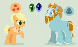 Size: 930x565 | Tagged: safe, artist:selenaede, artist:yingyangfreak, derpibooru import, applejack, rockhoof, earth pony, pony, accessory swap, applejack's hat, base used, cowboy hat, cutie mark, female, green background, hat, male, mare, older, older applejack, rockjack, shawl, shipping, simple background, stallion, straight