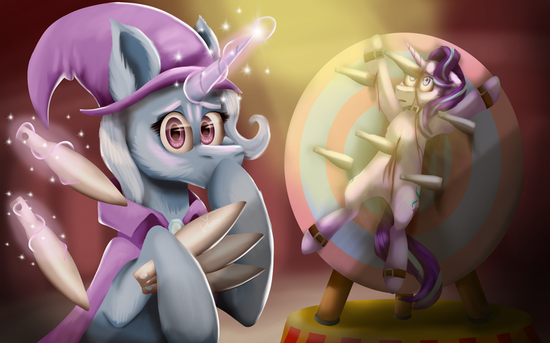 Size: 2560x1600 | Tagged: grimdark, artist:lordofthefeathers, derpibooru import, starlight glimmer, trixie, pony, unicorn, abuse, accidental death, blood, bloodshot eyes, bondage, bondage wheel, cape, clothes, collar, cut, death, ear fluff, female, glimmerbuse, glowing horn, hat, hoof hold, hoof over mouth, horn, impalement, knife, levitation, magic, magic trick, mare, murder, oops, open mouth, raised hoof, telekinesis, trixie's cape, trixie's hat