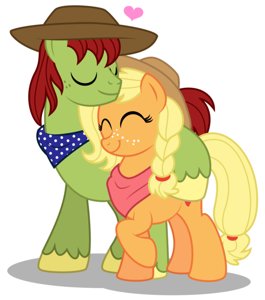 Size: 3033x3438 | Tagged: safe, artist:aleximusprime, derpibooru import, applejack, tex, earth pony, pony, flurry heart's story, applebetes, arm around neck, bandana, clothes, couple, cute, eyes closed, female, floating heart, freckles, g1, g1 to g4, generation leap, hat, heart, husband and wife, in love, male, male and female, mare, married, neckerchief, nuzzling, scarf, shipping, simple background, smiling, stallion, straight, texjack, transparent background