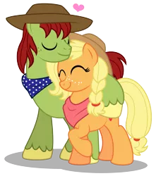 Size: 3033x3438 | Tagged: safe, artist:aleximusprime, derpibooru import, applejack, tex, earth pony, pony, flurry heart's story, applebetes, arm around neck, bandana, clothes, couple, cute, eyes closed, female, floating heart, freckles, g1, g1 to g4, generation leap, hat, heart, husband and wife, in love, male, male and female, mare, married, neckerchief, nuzzling, scarf, shipping, simple background, smiling, stallion, straight, texjack, transparent background
