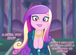 Size: 1050x768 | Tagged: suggestive, artist:snakeythingy, artist:wanderingeditor, derpibooru import, edit, princess cadance, equestria girls, friendship games, big breasts, breast edit, breasts, bronybait, busty princess cadance, cleavage, dean cadance, dialogue, downblouse, female, looking at you, manip, photomanipulation, solo, solo female, talking to viewer