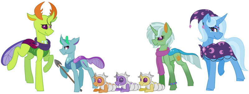 Size: 1024x387 | Tagged: artist:king-justin, changedling, changeling, changepony, clothes, derpibooru import, family, female, hybrid, interspecies offspring, king thorax, male, oc, oc:humerus, oc:marrow, oc:osteoclasts, oc:rickets, oc:white blood, offspring, parents:thoraxie, parent:thorax, parent:trixie, safe, scarf, shipping, simple background, spear, straight, thorax, thoraxie, transparent background, trixie, weapon