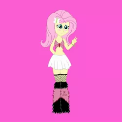 Size: 1280x1280 | Tagged: safe, artist:jazzytyfighter, derpibooru import, fluttershy, equestria girls, belly button, blushing, clothes, female, fishnets, midriff, outfit, pink background, rave, simple background, skirt, solo