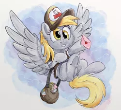 Size: 3840x3479 | Tagged: safe, artist:pirill, derpibooru import, derpy hooves, pegasus, pony, cheek fluff, clothes, cute, derpabetes, ear fluff, envelope, female, flying, hat, high res, mailbag, mailmare, mailmare hat, mare, package, smiling, solo, wings