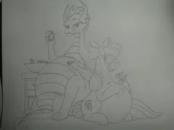 Size: 2592x1944 | Tagged: safe, artist:princebluemoon3, derpibooru import, apple bloom, smolder, dragon, earth pony, pony, apple blob, belly, big belly, bow, dragoness, eating, fat, fat smolder, female, filly, gem, grayscale, hair bow, monochrome, sblobder, sketch, smiling, smirk, stuffed, traditional art, weight gain